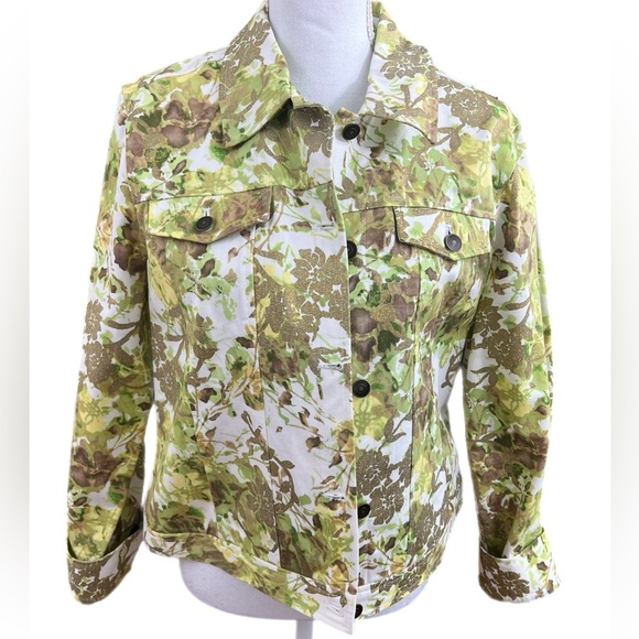 🔥C.L.O.T.H.E.S. BUTTON UP DENIM JACKET GREEN & METALLIC GOLD LEAF POCKETS Med - Picture 1 of 4
